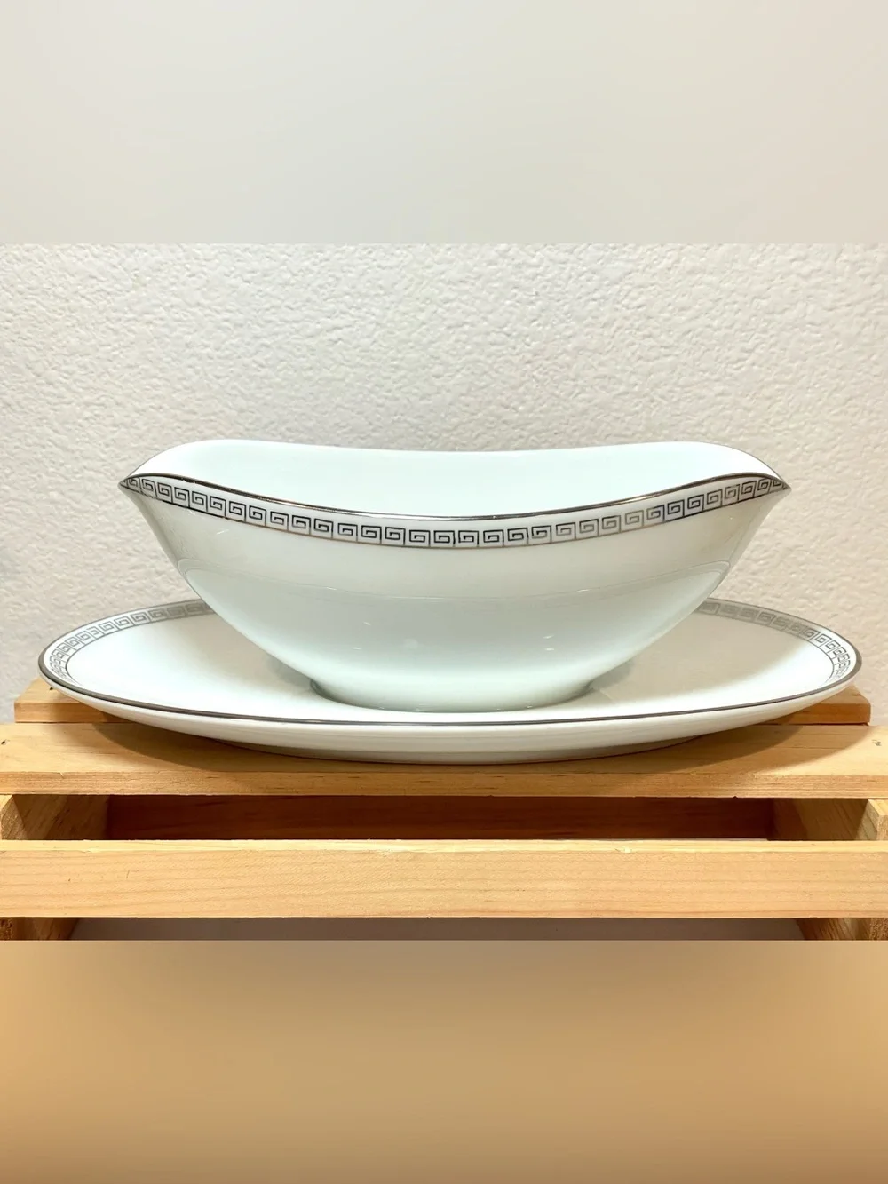 Noritake “Silver Key” White Ceramic Gravy Boat w Greek Key Border Silver Edging